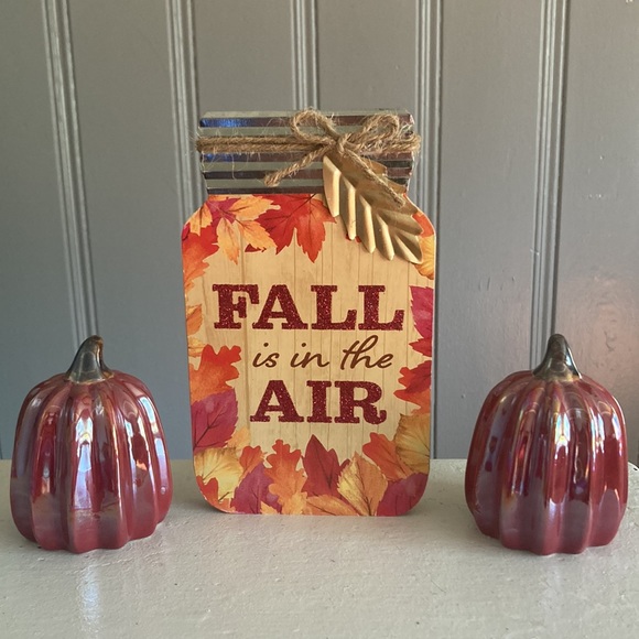 🆕2 Cranberry Pearl Porcelain Pumpkins & Fall Is In The Air Wood Mason Jar Sign - Picture 13 of 17